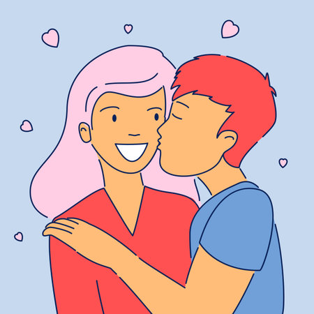 Valentines Day modern flat cartoon characters boy girl kisses,hand drawn style greeting card.Outline character young people,cartoon man kiss woman,happy romantic time together on hearts backgroundのイラスト素材