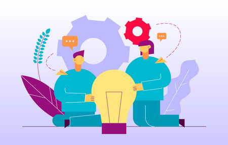 Vector flat style business teamwork and idea  design concept with big modern people, light bulb....