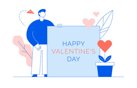 Valentines day romantic man lover in blue and trendy lining coral colours flat line style design concept with big modern character. Love gift card illustrationのイラスト素材