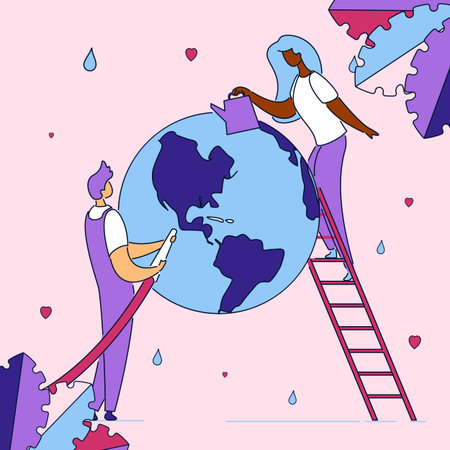 Colorful modern flat cartoon characters,water saving,conservation,preservation,Earth save ecology worldwide concept.Hand drawn small outline character people work watering planetのイラスト素材