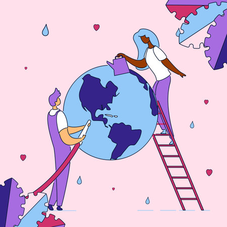 Colorful modern flat cartoon characters,water saving,conservation,preservation,Earth save ecology worldwide concept.Hand drawn small outline character people work watering planetのイラスト素材