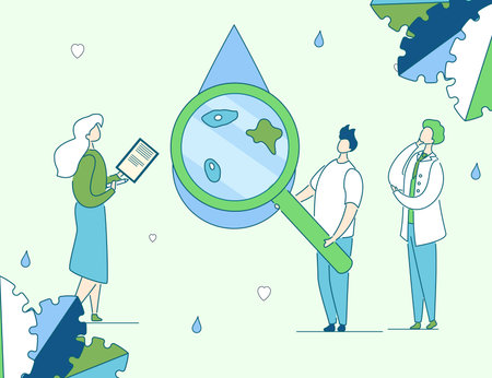 Colorful modern flat cartoon characters business preservation,analysis,clean water production concept.Hand drawn outline character little people scientists work-research,analyze water with magnifierのイラスト素材
