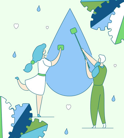 Colorful modern flat cartoon characters business cleaning,preservation,analysis,clean water production concept.Hand drawn outline character little people work-purificating,clearing,purging waterdropのイラスト素材