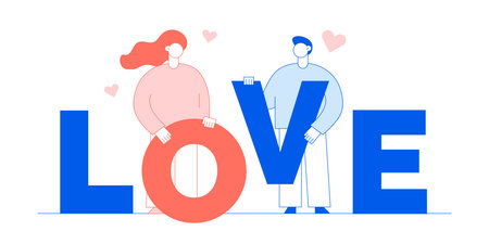 Valentines day romantic people couple of man and woman lovers in blue and trendy lining coral colours flat line style design concept with big modern characters. Love gift card illustrationのイラスト素材