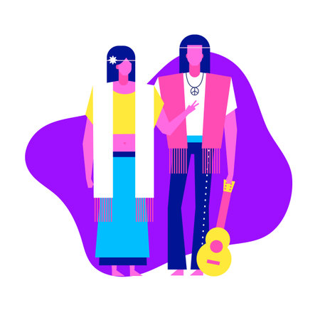 Colorful flat characters,subculture music genre apparel style concept.Flat people,man and women in hippie rock styles clothes outfit on blue white background  in trendy neon colours, disco styleのイラスト素材