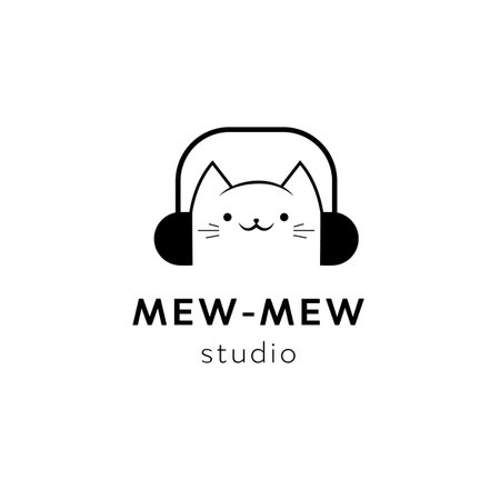 Vector black minimal cat head logo element design template. Music studio funny cartoon animal mascot character icon, sign for audio businessのイラスト素材