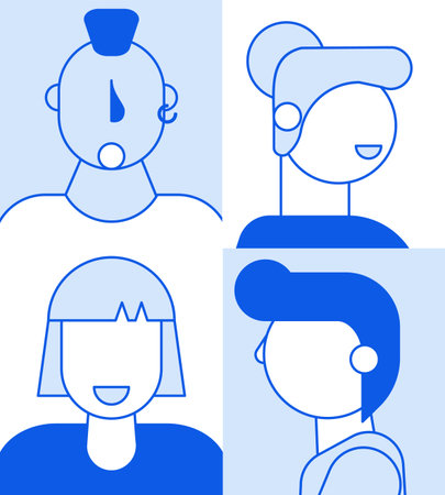 Monochrome flat cartoon characters geometric style people avatars set,web online social network concept.Modern geometry character head faces portraits for media design,web page profile,forum,chat useのイラスト素材