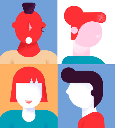 Colorful flat cartoon characters geometric style people avatars set,web online social network concept.Modern geometry character head faces portraits for media design,web page profile,forum,chat useの写真素材