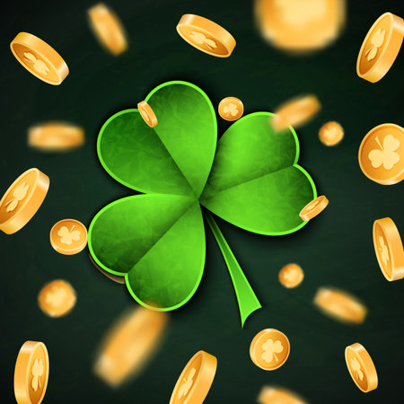 3d Gold lucky coins and Saint Patrick Day traditional symbol shamrock three leaf clover-modern trendy flyer concept on transparent background,mockup banner design,brochure,poster,web online conceptのイラスト素材