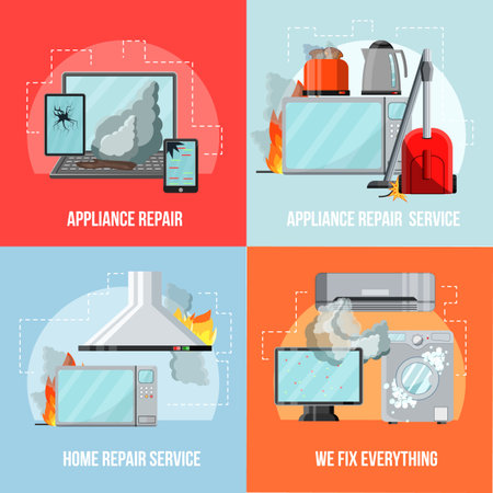 Modern flat repair service concept-damaged consumer electronics home appliances,vector banners set.Broken household goods-small business banner flyer concepts,ready to use copy spaceのイラスト素材