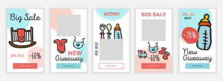 Creative baby goods social media stories design template in doodle hand drawn style. Cute banner elegant set. Web templates for online networks for shop, blog and personal use. App screensのイラスト素材
