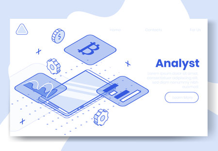 Digital isometric design concept set of 3d icons for internet analyst app.Isometric financial business analysis infographics,graphs,bitcoin icon,diagram on landing page banner web online conceptのイラスト素材