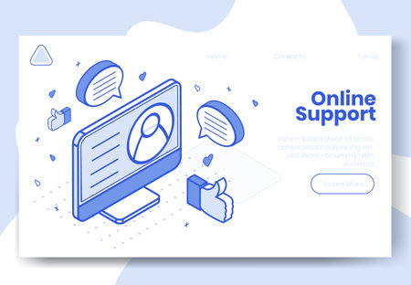Digital isometric design concept set of online support app 3d icons.Isometric social marketing symbols,user profile,thumb up like,heart icon,speech bubbles on landing page banner web online conceptのイラスト素材