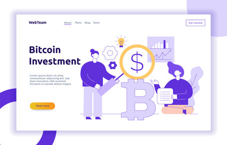 Vector bitcoin investment modern flat line illustration with big trendy people. Financial strategy website banner design concept.のイラスト素材