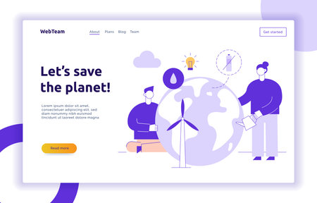 Vector save the planet web page banner design template with big modern flat line people. Ecological illustrationのイラスト素材