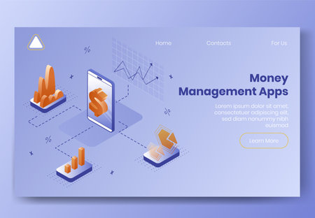 Digital design isometric concept scene of 3d icons for money management app.Isometric business finance symbols-mobile phone,infographics,graphs,dollar,diagram on landing page banner web online conceptのイラスト素材