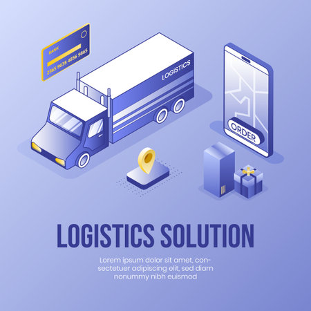 Digital isometric design concept scene of logistics solution service app 3d icons.Isometric business finance symbols-bank card,package box,truck,mobile phone on landing page banner web online conceptのイラスト素材