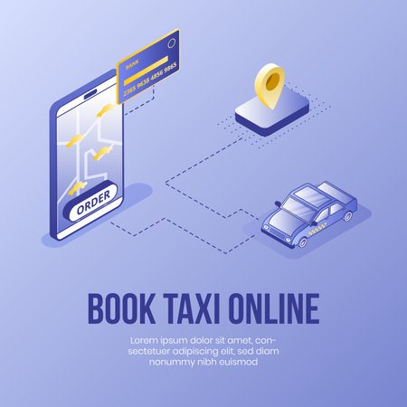 Digital isometric design concept scene of online taxi booking service app 3d icons.Isometric business finance symbols-taxi car,bank card,mobile phone,geo tag on landing page banner web online conceptのイラスト素材