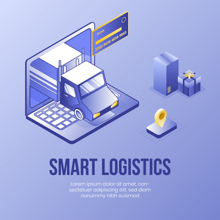 Digital design isometric concept scene 3d icons for online smart logistics app.Isometric business finance symbols-bank card,package boxes,car truck,laptop up on landing page banner web online conceptのイラスト素材