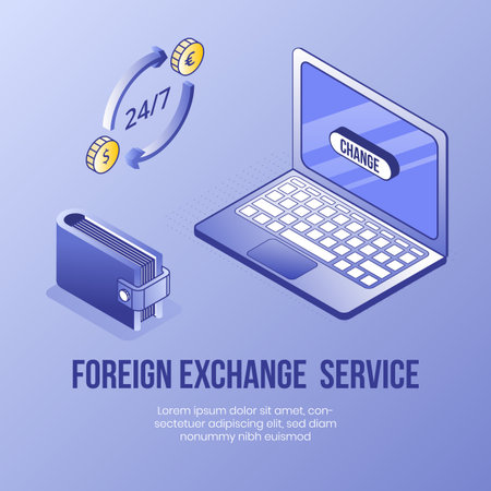 Digital design isometric concept scene of 3d icons for online foreign exchange app.Isometric business finance symbols-laptop,wallet,money coins,spin arrows on landing page banner web online conceptのイラスト素材