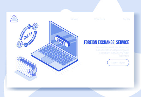 Digital design isometric concept scene of 3d icons for online foreign exchange app.Isometric business finance symbols-laptop,wallet,money coins,spin arrows on landing page banner web online conceptのイラスト素材