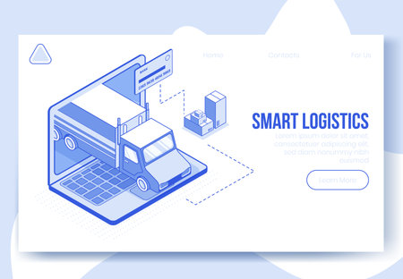 Digital design isometric concept scene 3d icons for online smart logistics app.Isometric business finance symbols-bank card,package boxes,car truck,laptop up on landing page banner web online conceptのイラスト素材