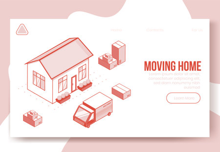 Digital isometric design concept scene of moving home helping app 3d icons.Business social illustration-isometric house,garden,truck car,package boxes,geo tag on landing page banner web online conceptのイラスト素材