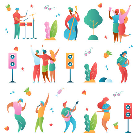 Modern cartoon flat characters set-holiday music fest,party,open air flyer banner poster elements,summer design concept.Singer,musicians,guitar,sax,drums,double bass,happy people dancing,making selfieのイラスト素材