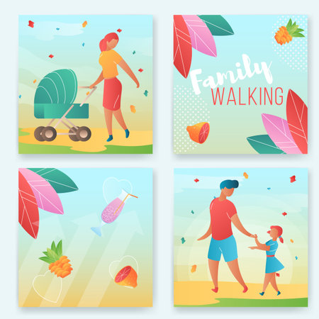 Modern cartoon flat characters, family walking on the beach with a stroller landing page,sales poster,banner flyer,web online concept of healthy lifestyle design.Flat cartoon familyのイラスト素材