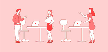Office business people communication coworking. Company teamwork, teambuilding. Man woman talking chatting together, discussing, brainstorming about project. Cooperation, collaboration conceptのイラスト素材