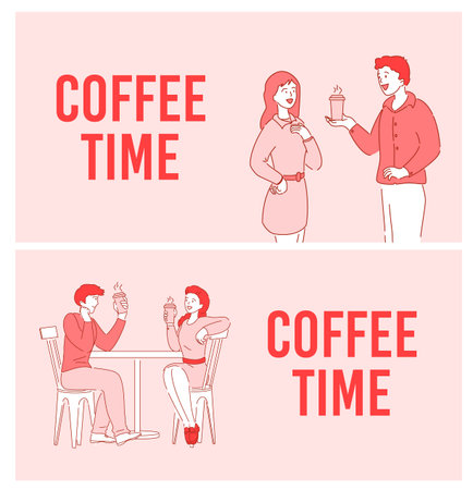 Coffee time, short break, communication poster set. Man woman character drinking takeaway hot beverage chatting, sharing impression, relaxing standing sitting at table in cafeteria. Corporate relationのイラスト素材