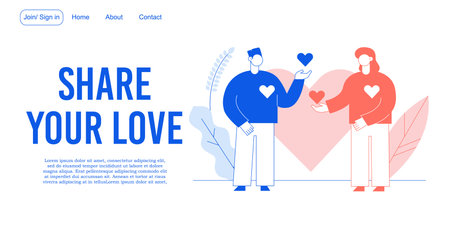 Share love relationship creation development landing page. Online dating service. Social media communication. Man woman exchanging heart metaphor. Charity, kindness, happiness, relation conceptのイラスト素材