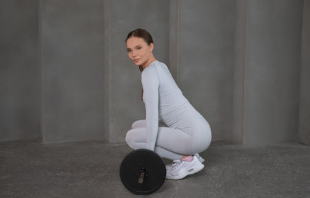 Smiling fit athletic woman in sportswear lifting deadlift with barbell, holding the barbell, looking at camera and sitting on a gray wall background.の写真素材