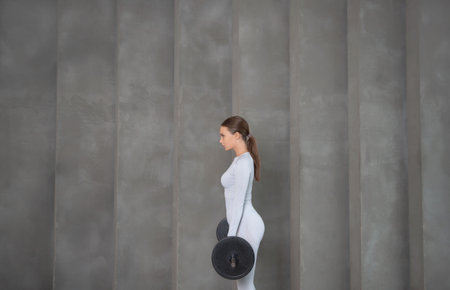 Fit sporty woman doing weight lifting workout and performing deadlift exercise with weight bar with copy space. Woman in sportswear with barbell standing in profile.の写真素材
