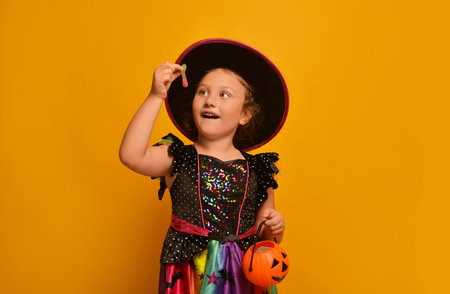 Witch little girl holding marmalade jelly worm and Halloween candy basket or pumpkin candy bucket on yellow background.の写真素材
