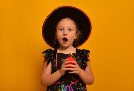 Surprised little girl wearing Halloween witch costume and holding red lighted candle in hand on a yellow background.の写真素材