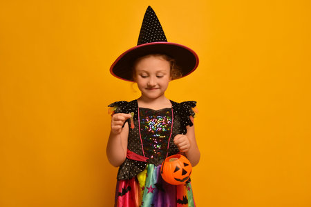 Little cute girl in Halloween witch costume or wizard costume holding tasty marmalade jelly worm with Halloween Jack o Lantern candy basket and looking down on a yellow background.の写真素材