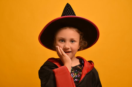 Portrait of cute little wizard girl wearing Halloween costume on a yellow background. A surprised kid wearing magic hat with mantle, looking at camera and holding hand on cheek.の写真素材
