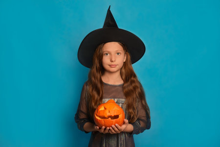 Cute child girl in witch costume holding top of Halloween pumpkin or Jack o lantern pumpkin and looking at camera on a blue background. Wizard kid holding top of pumpkin in hands.の写真素材