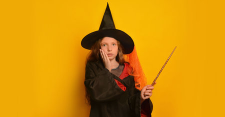 Scared pre-teen girl in wizard student costume with magic wand or magic stick holding hand on face and looking at camera on yellow background. Halloween and masquerade concept.の写真素材