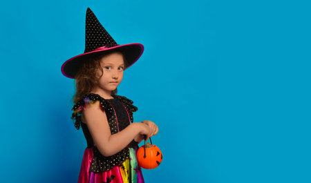 Little girl in Halloween witch costume holding pumpkin candy basket or Jack o Lantern candy bucket with sweets and looking at camera on a colored blue background with copy space.の写真素材