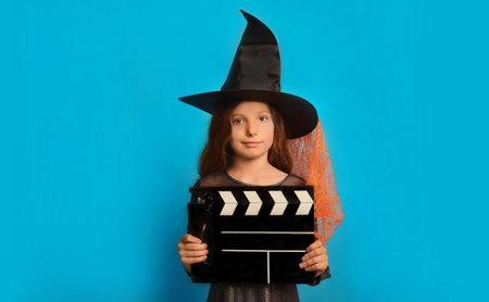 Little witch girl in wizard witch hat holding classic black film making clapperboard and looking at camera on blue background. Halloween horror cinema concept, Halloween theme.の写真素材