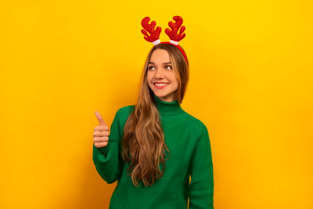Happy smiling young woman showing thumb up or keeping thumb up and looking up on a yellow background. Cheerful brunette girl wearing green sweater and Christmas reindeer antlers.の写真素材