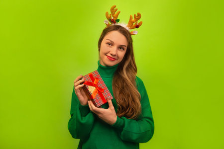 Happy smiling cheerful girl holding wrapped present or gift box, wearing green knitted sweater with Christmas reindeer antlers headwear and looking at camera on a green background.の写真素材