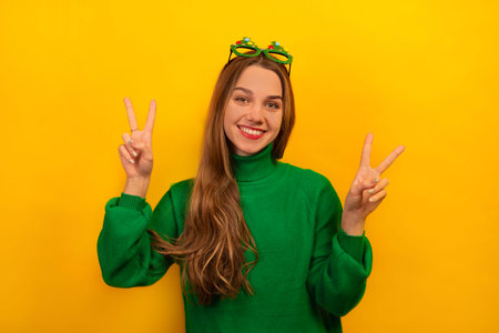Happy smiling brunette girl showing peace gesture or v sign with two fingers, wearing green sweater with party Christmas tree glasses and looking at camera on a yellow background.の写真素材