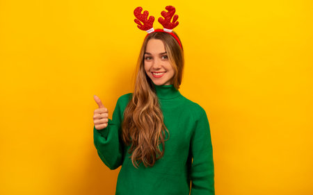 Happy smiling woman showing thumb up or keeping thumb up and looking at camera on yellow background. Cheerful brunette girl wearing green sweater and Christmas reindeer antlers.の写真素材