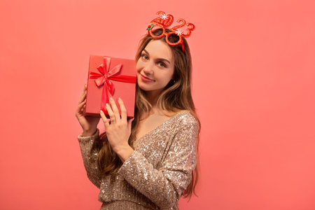 Cheerful happy young woman wearing sparkly dress, Christmas party glasses with numbers 2023, holding present and looking at camera. Girl showing pink gift box on pink background.の写真素材