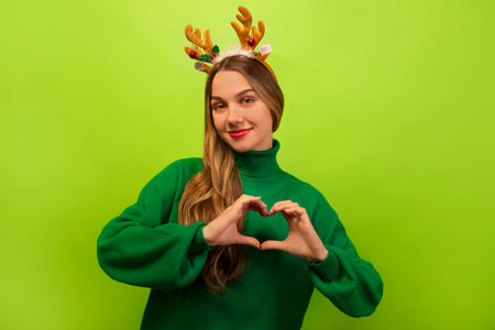 Happy young woman wearing green sweater with toy reindeer antlers and showing heart shape gesture sign or making heart fingers on a green background.の写真素材
