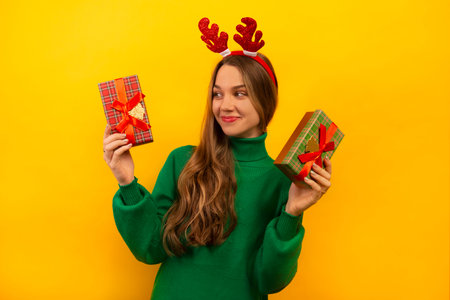Happy joyful young woman holding two wrapped presents or gifts and wearing red toy reindeer antlers with green sweater on a yellow background.の写真素材