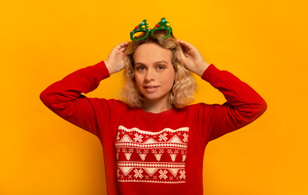 Young blonde woman wearing red ornament sweater with Christmas tree glasses and looking at camera on a yellow background. Attractive girl celebrating New Year or Christmas Day.の写真素材